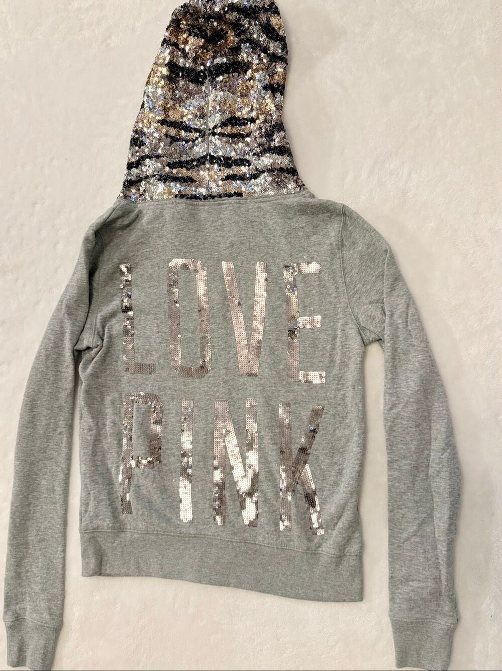 PINK Victoria’s Secret Gray Sequin Zebra Hood Zip-Up Hoodie XS - Y2K - Picture 6 of 10